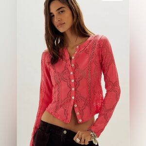 Free People Jae Sheer Lace Knit Long Sleeve Button-Up Top Rouged Cheeks Size M